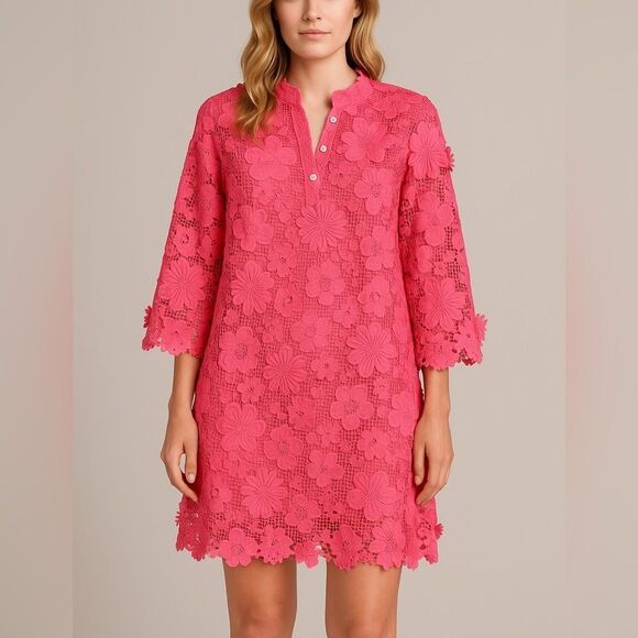 j. marie Dresses & Skirts - J. Marie Pink Floral Lace Mini Dress Appliqué Crochet Lined Size S